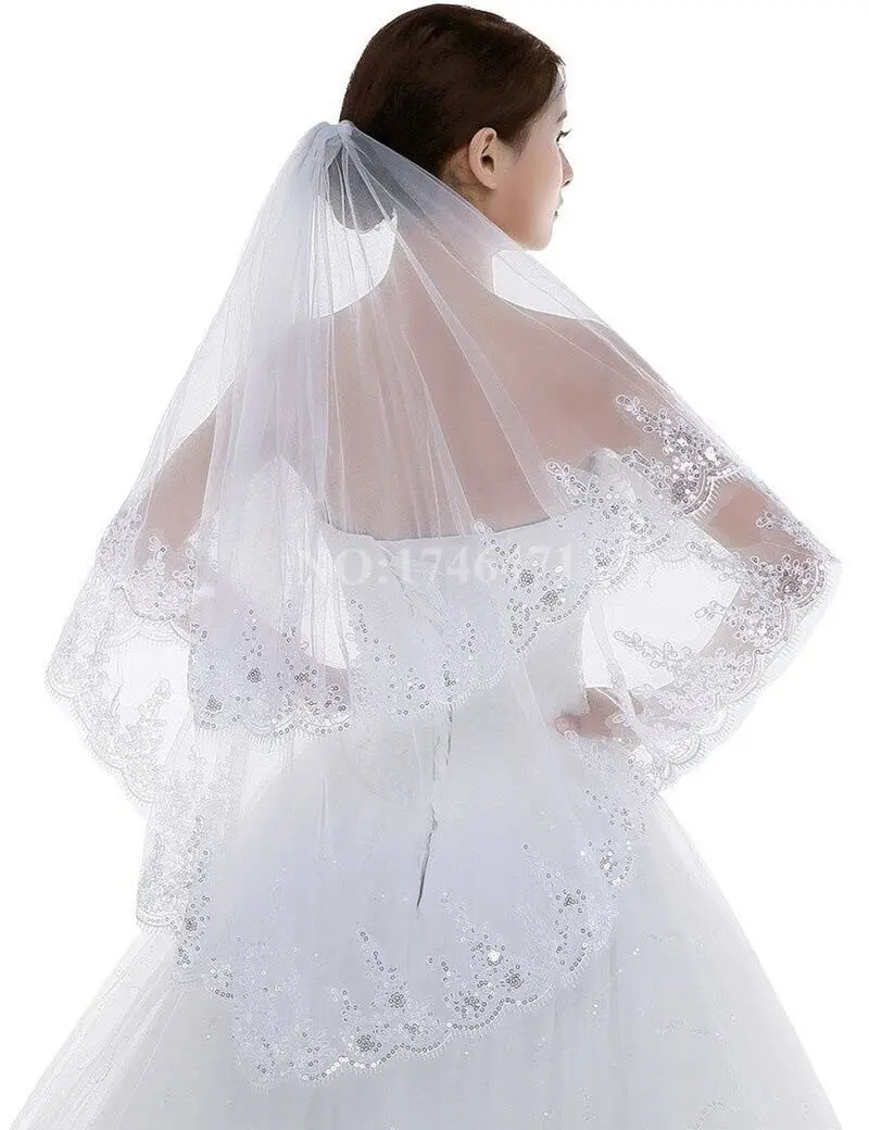 Bridal Veil Women Short 2 Tier Lace With Comb Appliqued Sequin Lace Edge