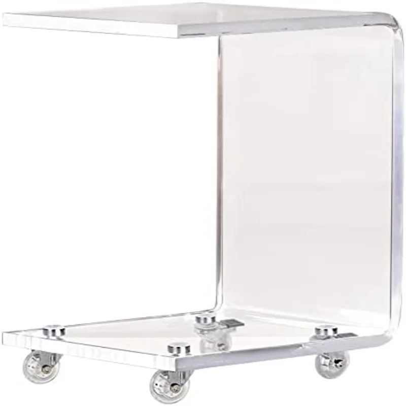 Modern Lucite Movable C Shaped End Lucite Table,Acrylic Sofa Side Table, Snack Mini Table On Wheels,Clear Rolling Table Set