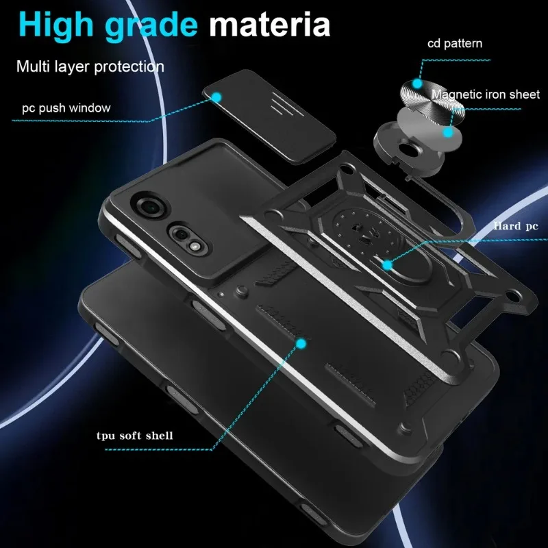 Magnetic Metal Ring Holder Shockproof Armor Case with Slide Lens Cover