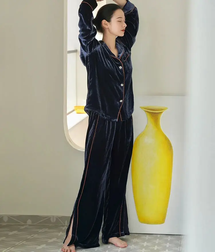 BirdTree, 18%Natural Silk Velvet Pajamas Set, Women Long Sleeve Top Pants, Solid Color Sleep Home Clothes, Fall Winter S48819QM - Image 2