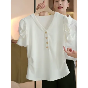 T-shirt a maniche corte da donna, nuova camicetta casual alla moda slim fit con scollo a V e maniche a palloncino estive 1