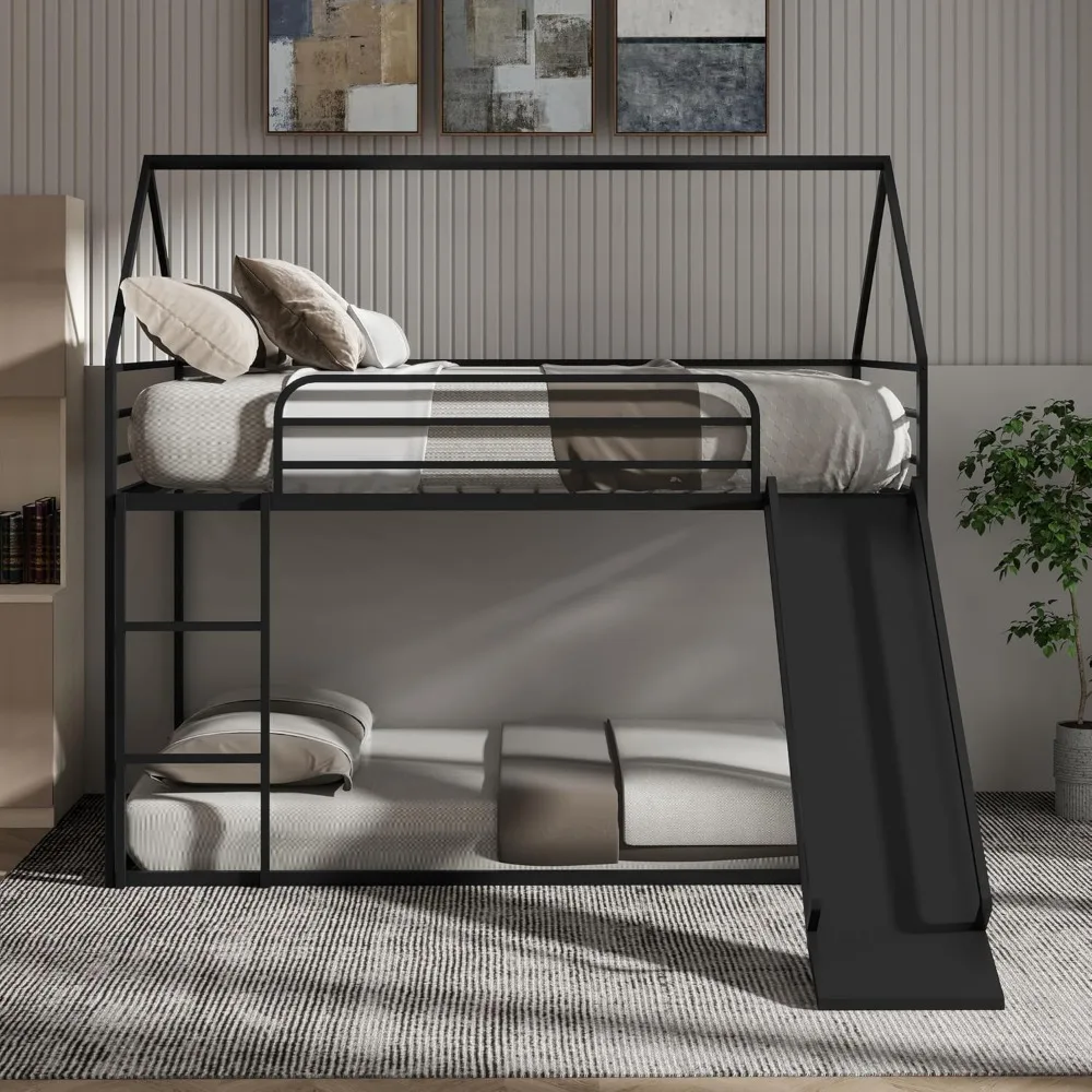 Twin Over Twin Metal Floor Bunk Bed with Slide,Metal Junior House Twin Size House Bunk Bed Frame with Ladder & Roof for Boy Girl 3