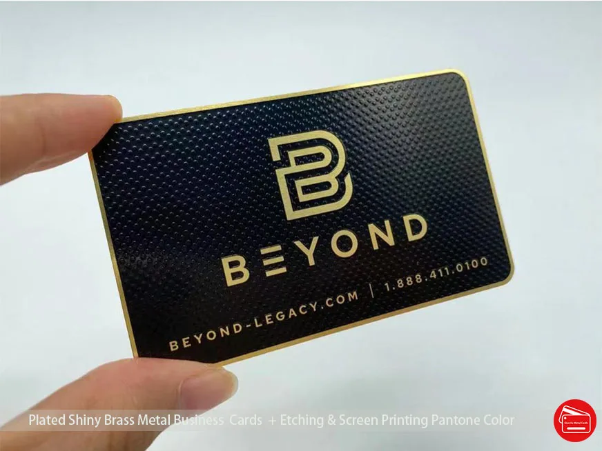 Plated Shiny Gold Metal Business Cards Brass Finish with embossed  Dots Background Silk Printing Black Color