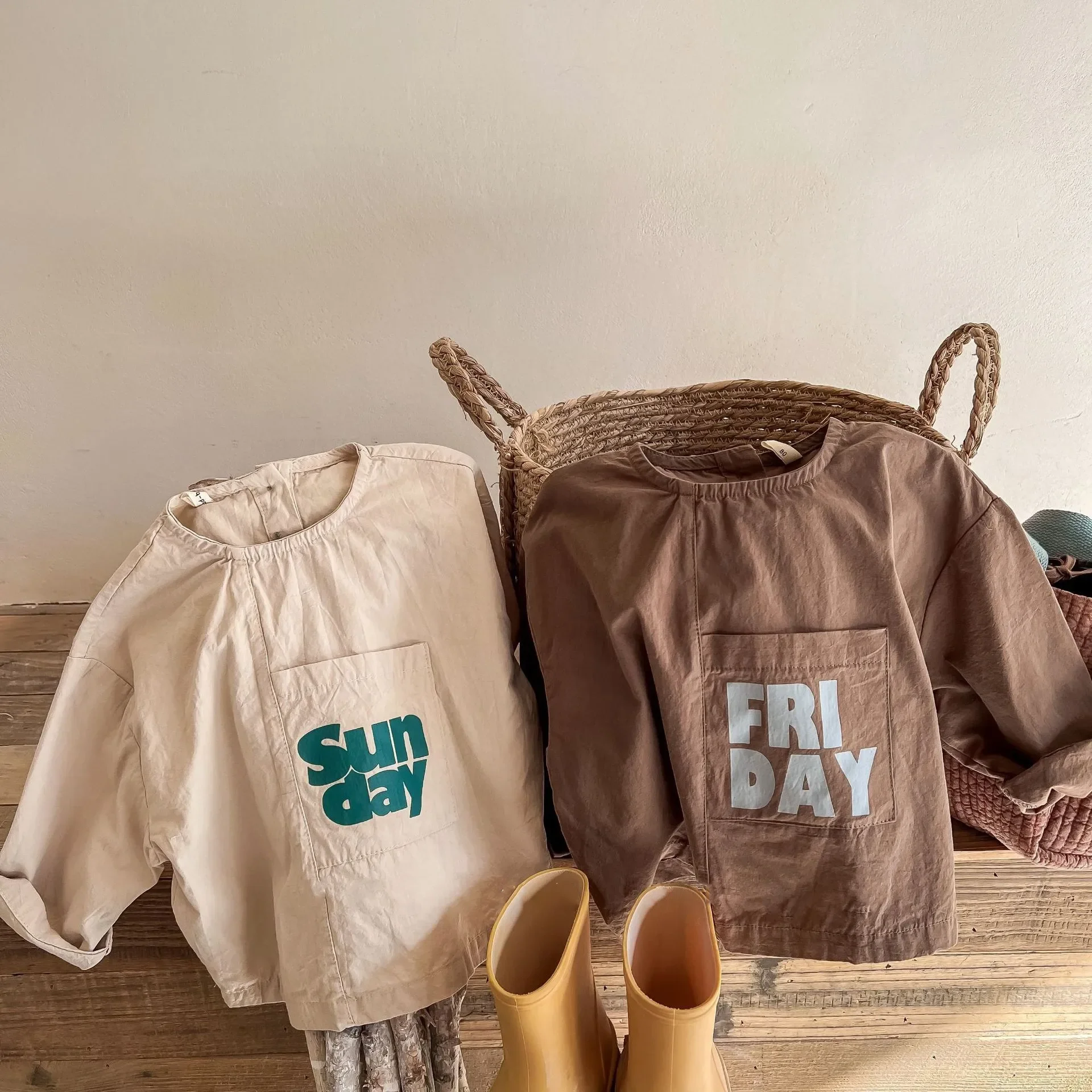 Clearance 110cm 1099B Children Clothes Letter Print Shirt Hemp Cotton Baby Girl Shirt Letter Print Pockets Casual Tops