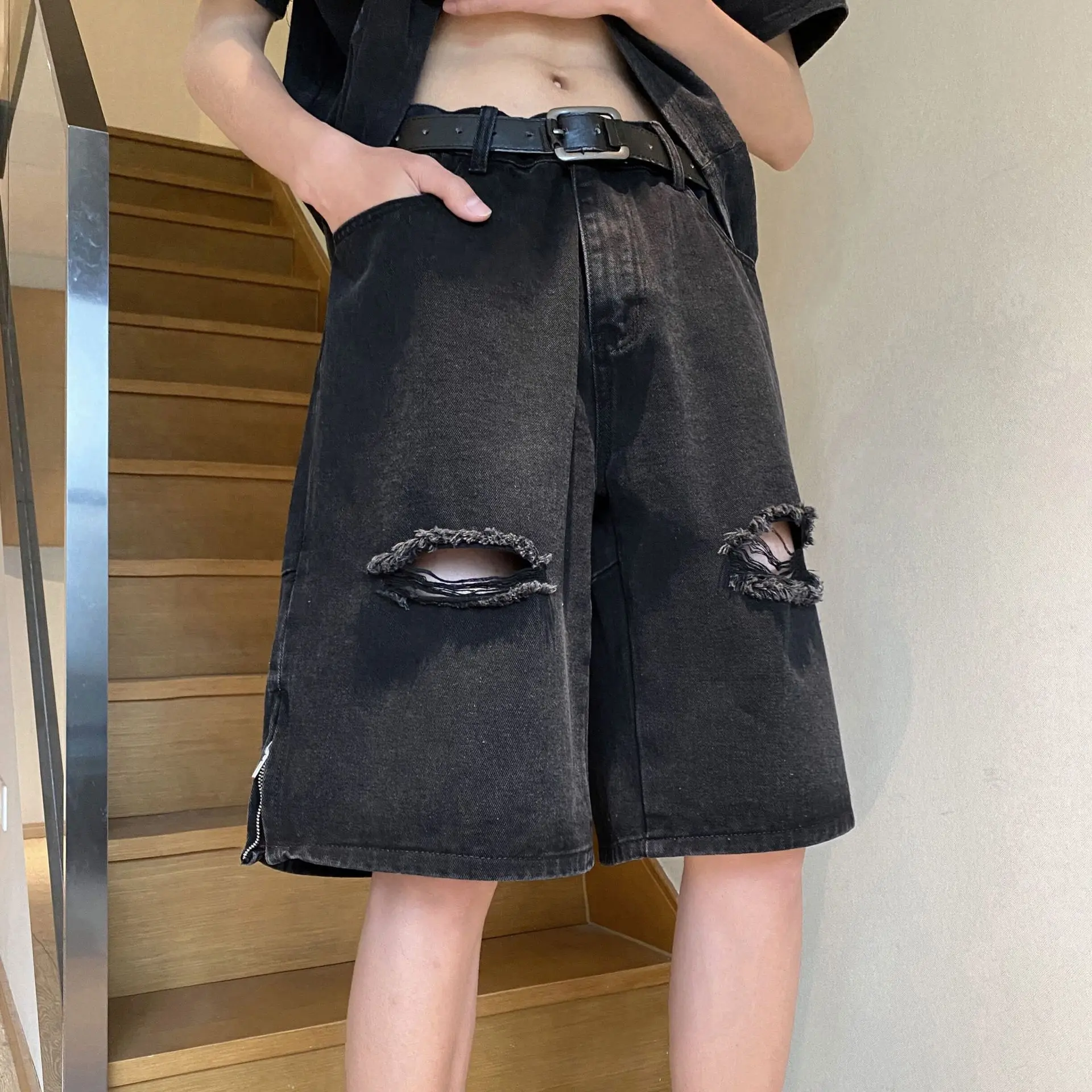 

Y2k Black Washed And Destroyed Tassel High-End Jeans Loose Street Trendy Handmade Ripped Hip Hop Shorts Summer Plus Size Pants