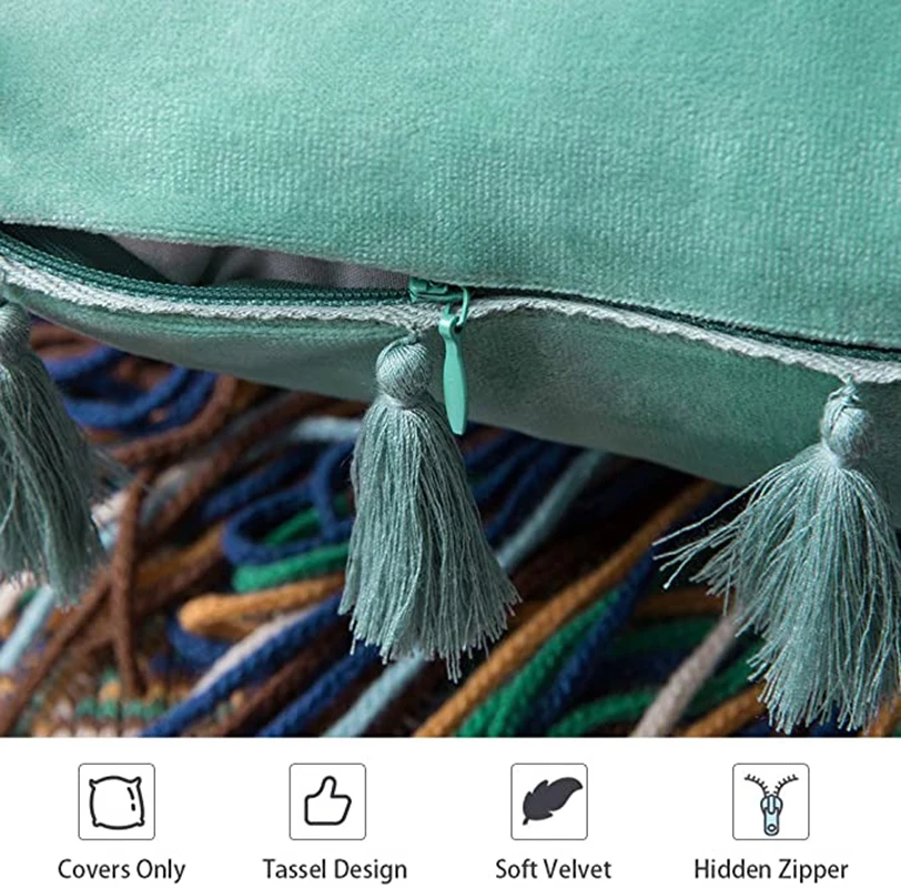 Inyahome Water Blue Velvet Soft Solid Decorative Throw Pillow Cover with Tassels Fringe Boho Cushion Case for Couch Sofa Bed 3