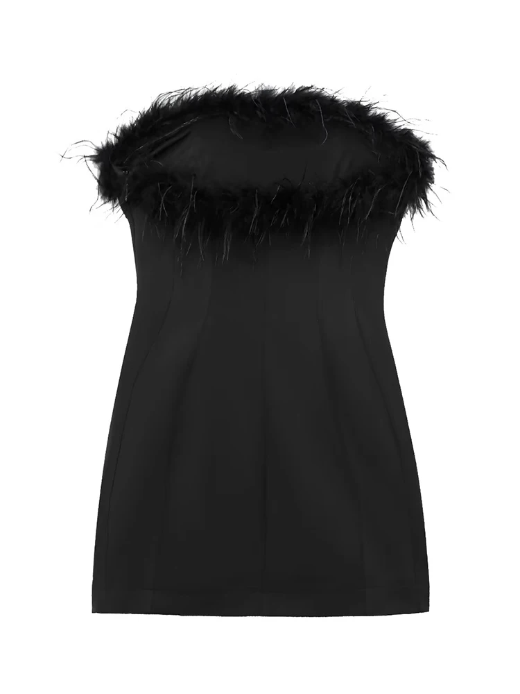 TFMLN Women Sexy Feathers Strapless Mini Dresses Fashion Black Slim Elastic Dress New Summer Elegant Side Zipper Party Dress