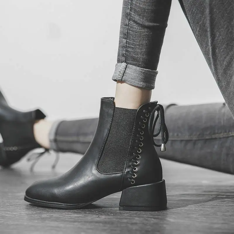 Women's Spring Autumn Chelsea Boots Lady Fashion Back Lace Up PU Leather Black Shoes 2023 New Shoes Female Korean Fashion Gift