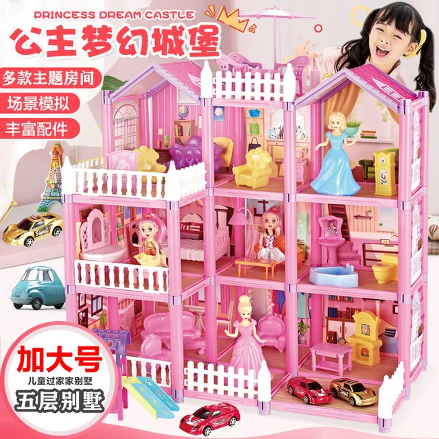 Princess Big Villa DIY Dollhouses Pink Castle Play House With Slide Yard Kit Assembled Doll House Toy Birthday Gift Kitchen Item 2