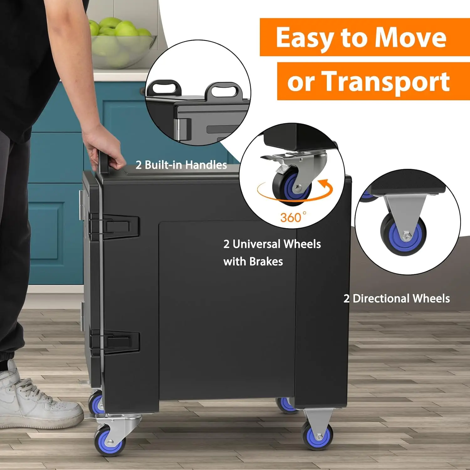 2pcs End-Loading Insulated Food Pan Carrier w/Wheels, for 5 Full-Size Pan, 81 Quart Capacity, Food-Grade LLDPE Material, Stackab 2