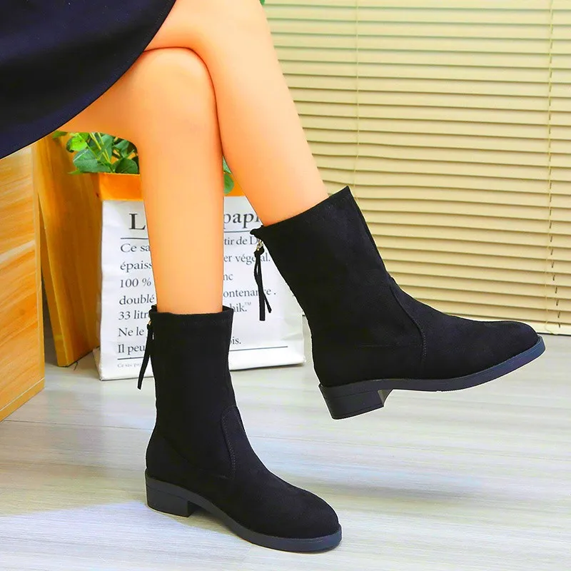 New Shoes for Women Fashion Zipper Women's Boots Winter Round Toe Solid Flock Casual Short Barrel Low-heeled Roman Shoes Women