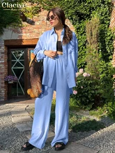  Clacive Fashion Loose Blue Two Piece Sets Womens Outifits Winter Casual Lapel Long Sleeve With High Wasit Straight Pants Set 