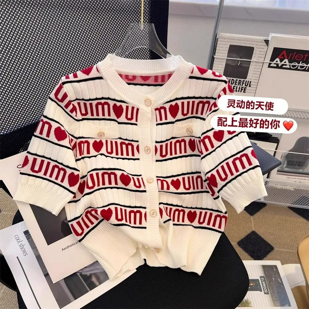 Spring Summer Fashion Letter Short Sleeve Knitting Female All-match Striped Cardigan Sweater Women All-match Buttons Top Tee