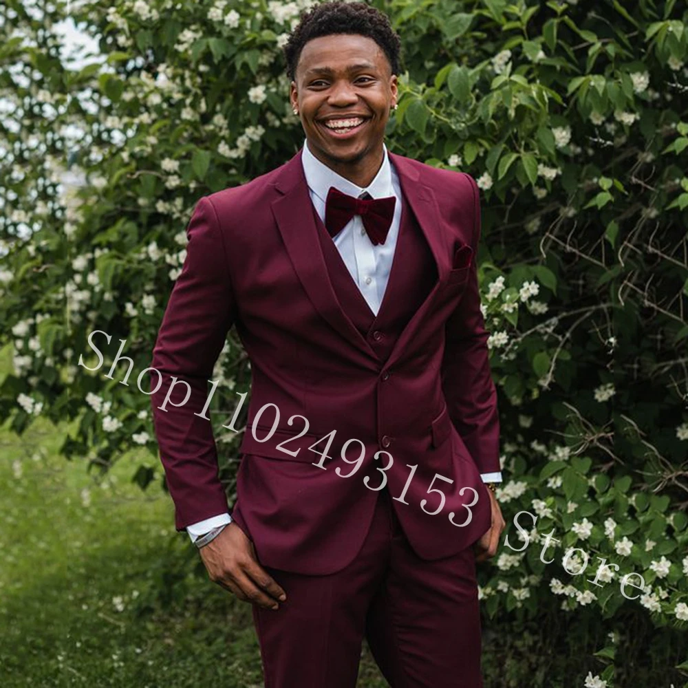 Burgundy Men Suits Slim Fit Notched Lapel Two Buttons 3 Pieces Suits Blazer+Vest+Pants Wedding Suits Groom Tuxedos Costume Homme