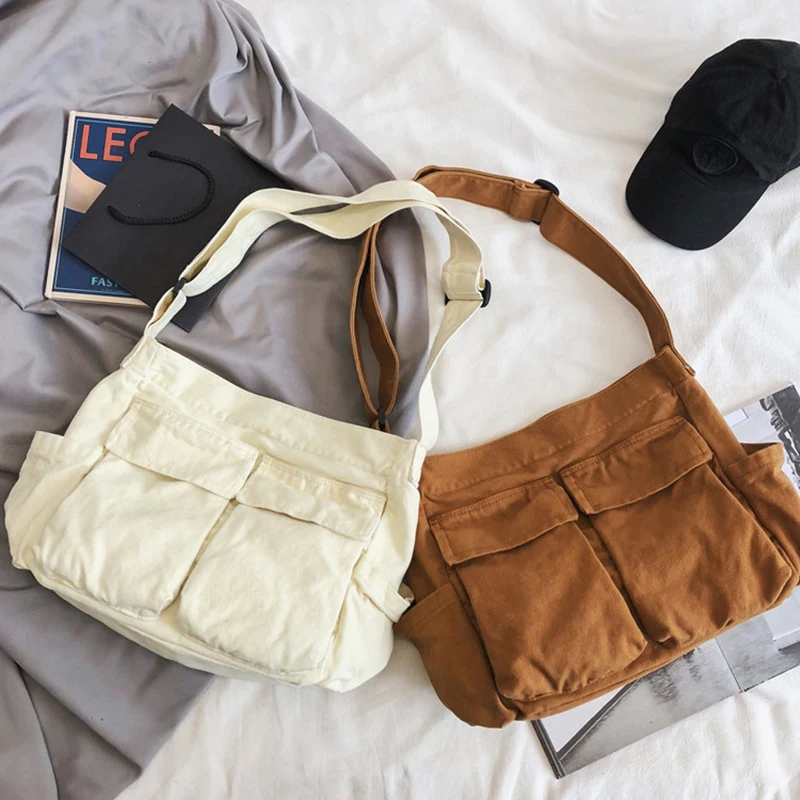 

Простая модная сумка-мессенджер Ins для путешествий и школы, Холщовая Сумка, однотонная японская повседневная мужская сумка на молнии в стиле Харадзюку