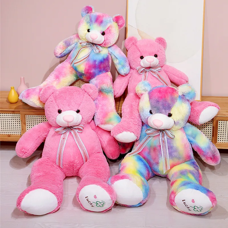 Cartoon Pink Rainbow Colors Teddy Bear Plush Doll With Bowknot Stuffed Animals Soft Bears Toys Baby Pillow for Lovers Girls Gift floppy hide and seek bunnies reversible strawberry rabbit pillow with zipper wrapped in strawberries plush toy for kids ages 1