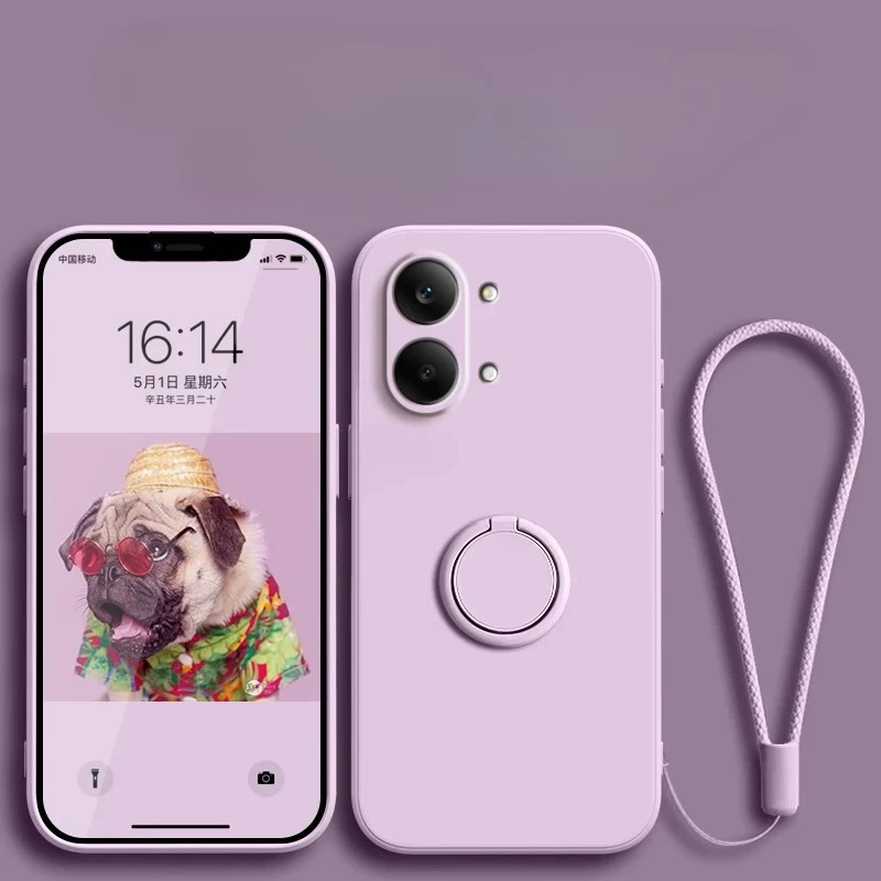 Liquid Silicone Ring Stand Phone Case with Lanyard and Soft TPU Holder