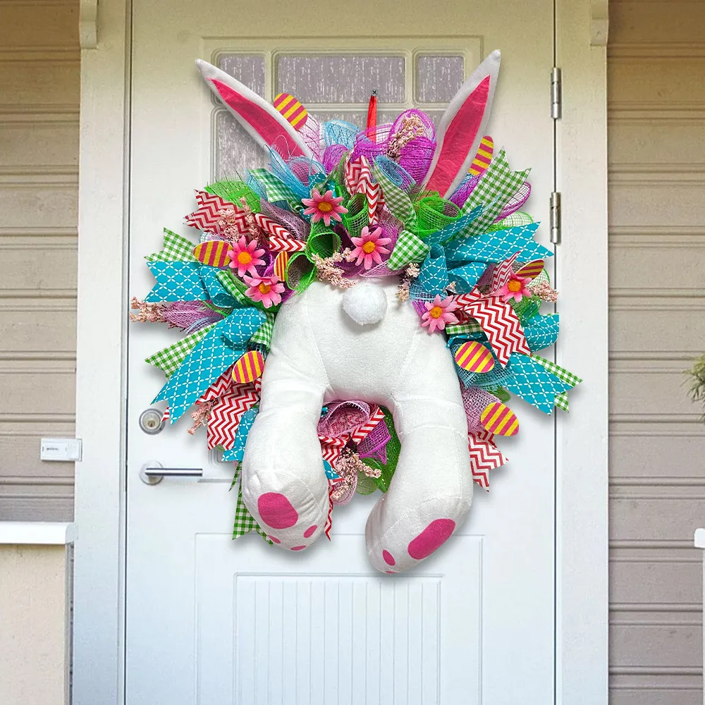 

2024 New Easter Bunny Wreath Colorful Door Wall Oranments Happy Easter Rabbit Home Party Creative Garland Festival Decoration