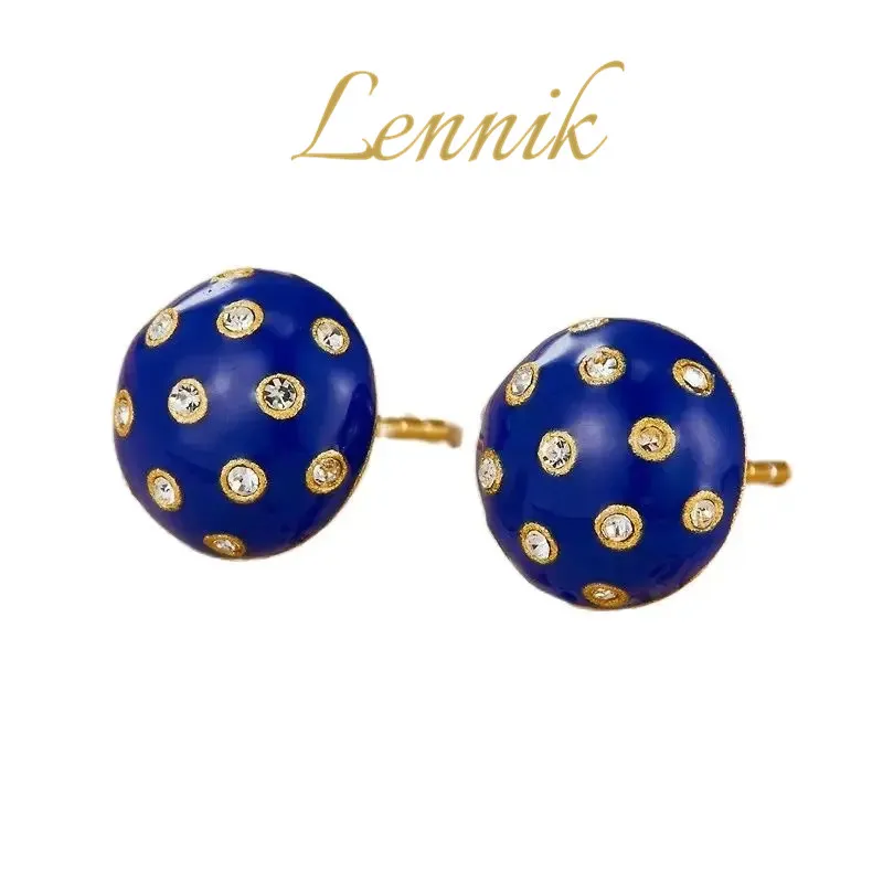 

LENNIK Round Blue Stud Earrings for Women 925 Silver Needle Dopamine Jewelry Electroplated 18K Gold Birthday Gift for Mom