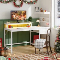 40"Gaming Computer Desk with Power Outlets RGB LED Lights Office Desk with Drawer Storage Shelves Monitor Stand For Small Space