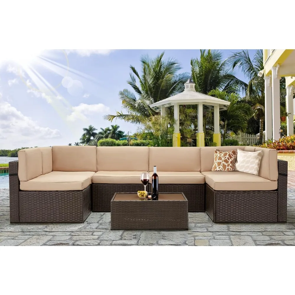 7 Piece Outdoor Patio Furniture Set, PE Rattan Wicker Sofa Set, Outdoor Sectional Furniture Chair Set with Cushions , Brown 6