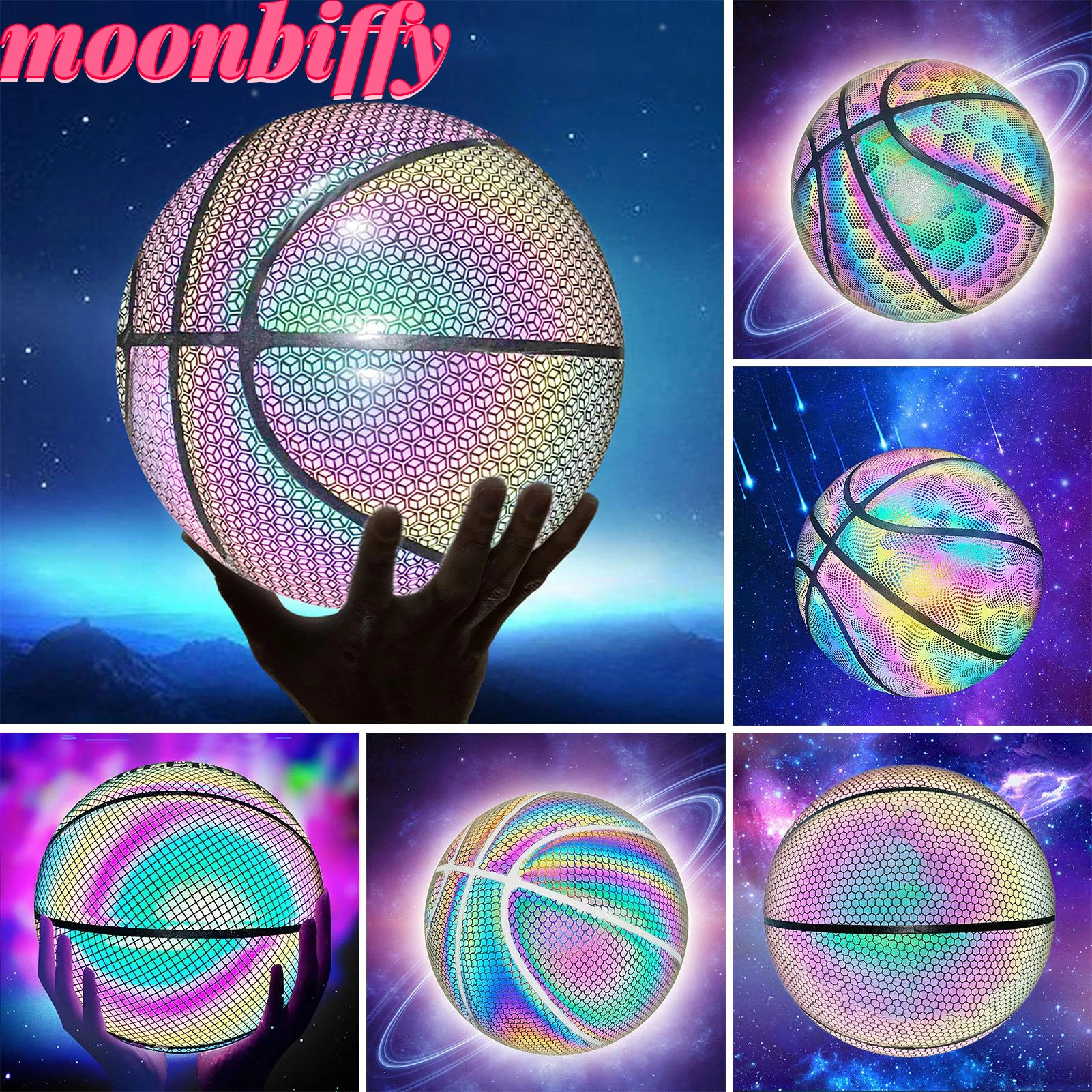 Luminous Basketball Ball Holographic Reflective Lighted Flash Ball PU
