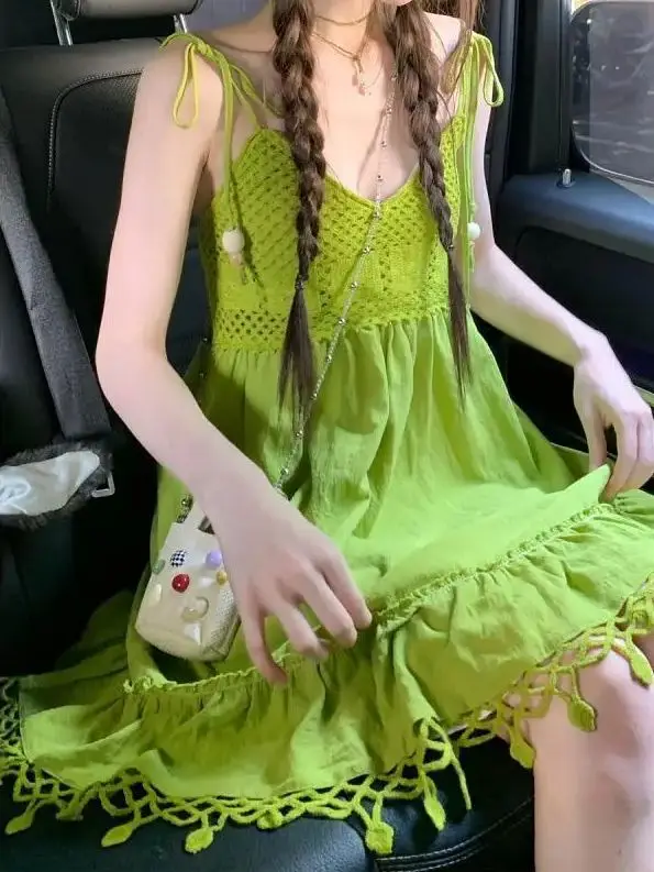 

Dress Hollow Avocado Green Knit Camisole Spring And Summer Women Loose Patchwork Breathable Casual Mori Style Dress