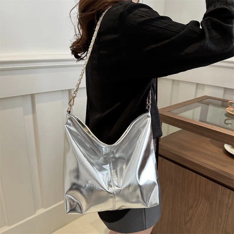 PU Top-Handle Handbag Luxury Designer Shoulder Bag for Women Fashion Shopping Bag High Capacity Silver Gold Casual Underarm Tote
