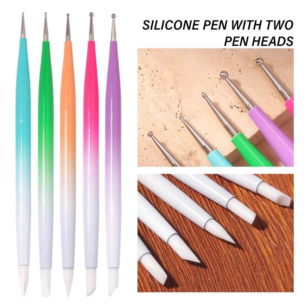 YIKOOLIN 5PCS Dual-Head Nail Art Silicone Brush Dotting Pen Set Nail Art Dotting Painting Tips Manicure Tools Brush Pen Art 2