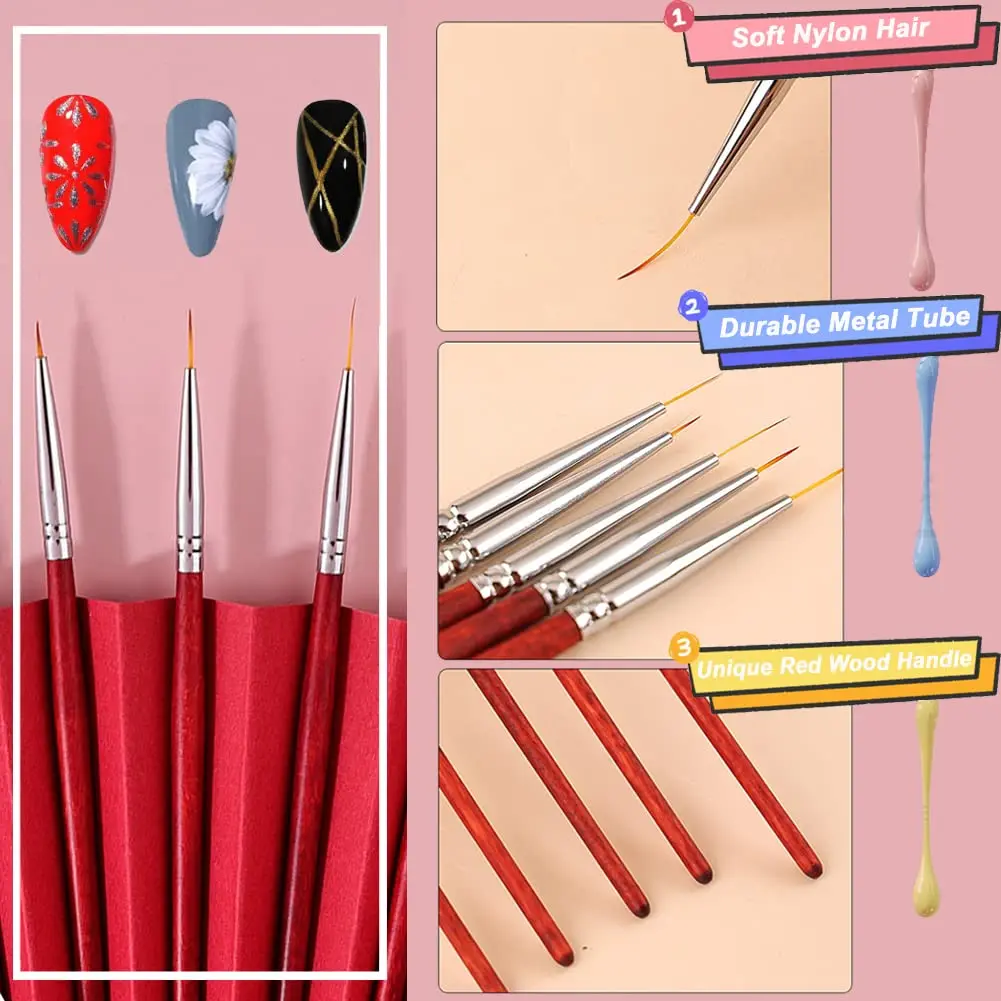 7/9/11mm Nail Art Liner Brushes Set 3Pcs Nail Art Brush Striping Brush for Thin Long Fine Lines Dotting Drawing Pen Wooden 4