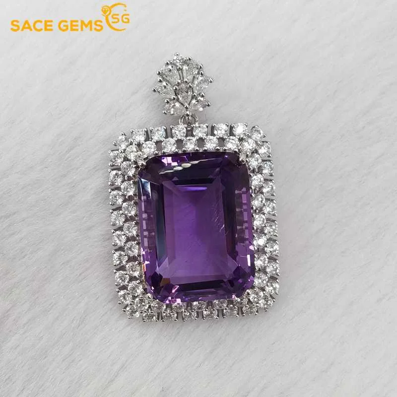 

SACE GEMS New Trend 925 Sterling Silver Raw Natual Amethyst Pendant Necklace for Women Engagement Cocktail Party Fine Jewelr