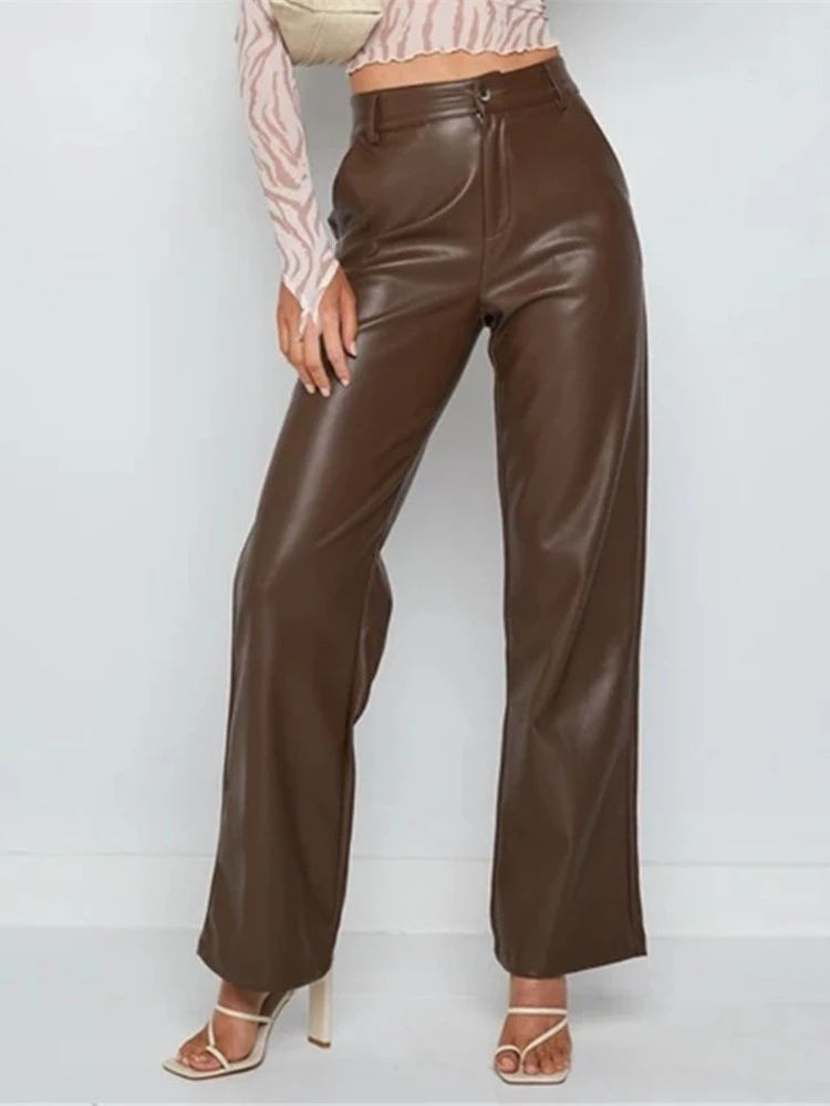 

Pu Leather Pants for Women Solid Vintage Clothes Wide Leg Pants Chic Elegant Trousers Straight Korean Fashion Streetwear Women