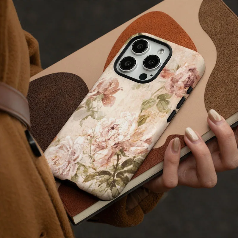 Retro Floral Dual-Layer Phone Case with Screen Protector