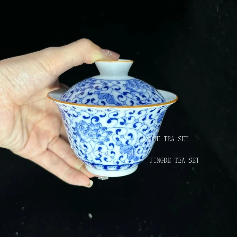 170ml Jingdezhen Ceramic Gaiwan Teacup Handmade Tea Tureen Blue and White Porcelain Tea Bowl Chinese Porcelain Tea Accessories