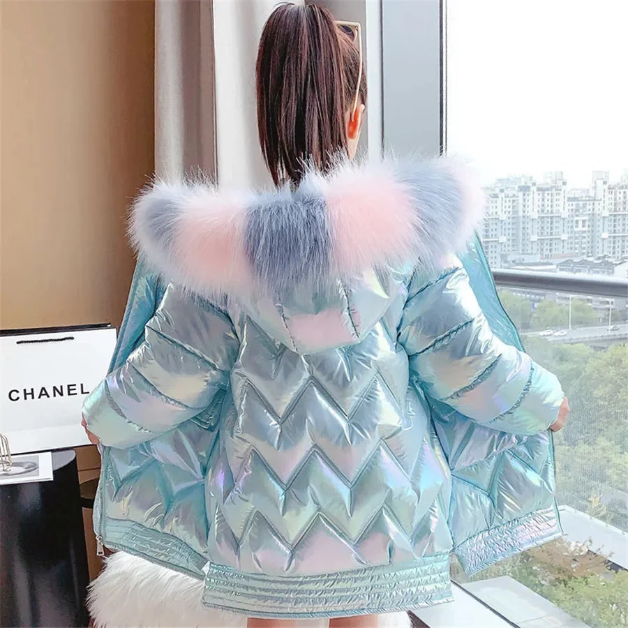 

2023 Winter Shiny Jacket For Girls Hooded Warm Children Coat 3-14 Years Kids Teenage Cotton Parkas Outerwear