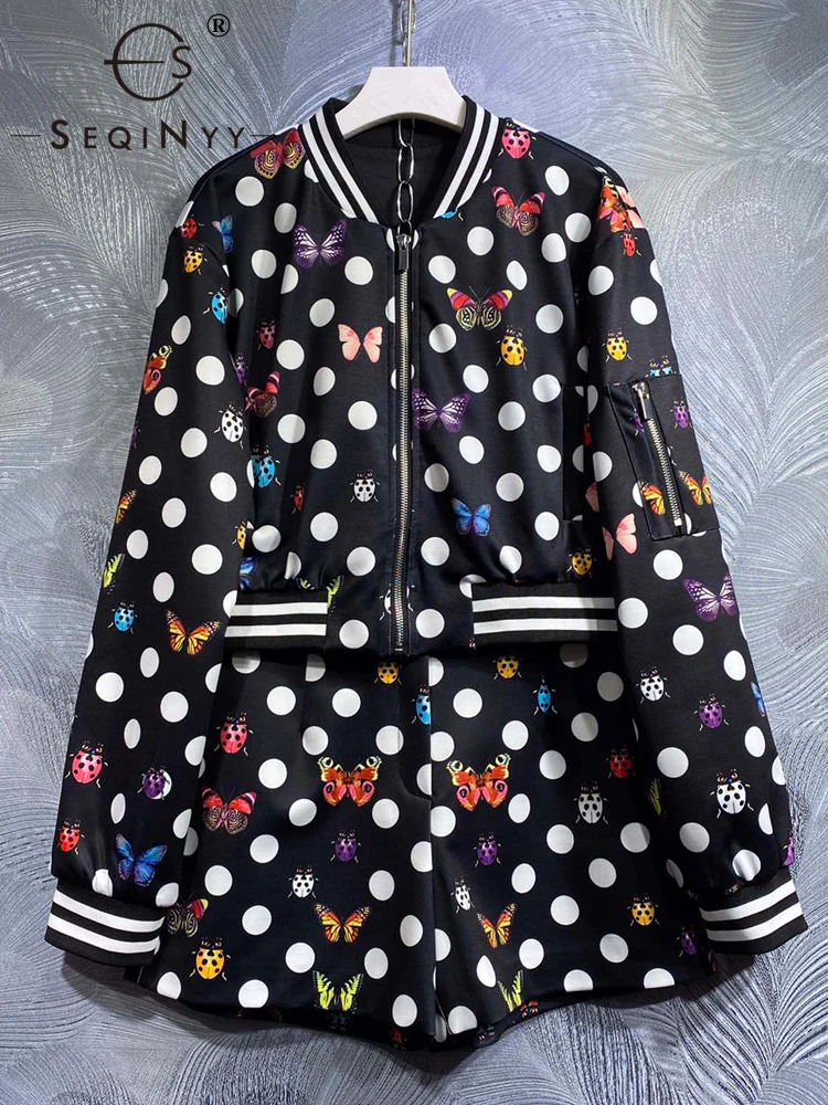 

SEQINYY Black Suit Spring Autumn New Fashion Design Women Runway Jacket + Shorts Vintage Dot Colorful Butterfly Print Sicily