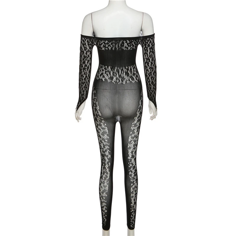 Hollow Out Jacquard Mesh Jumpsuit Women Sexy Rhinestone Buttons See Through Slash Neck Off Shoulder Long Sleeve Skinny Overalls