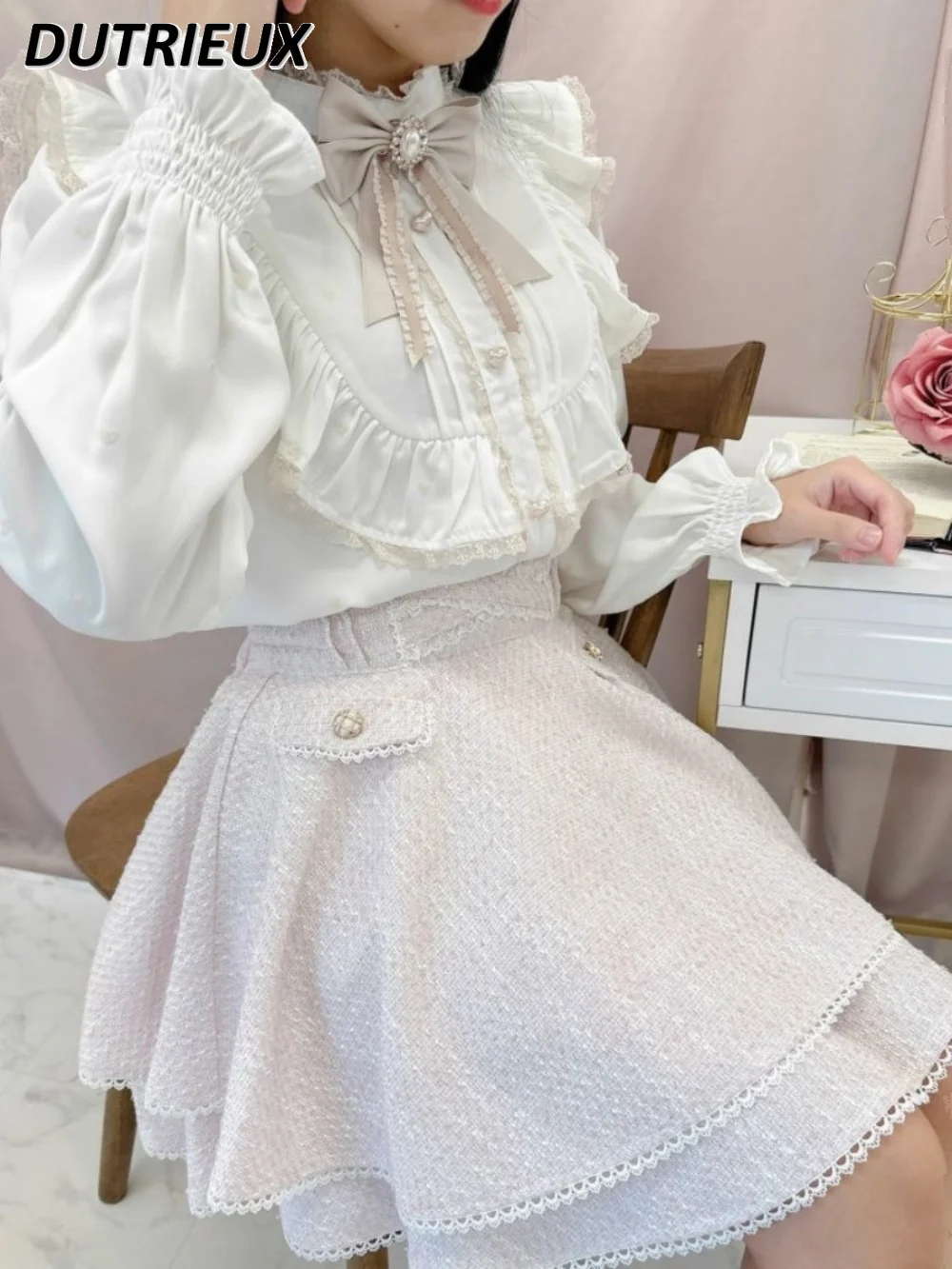 2024 Summer New Tweed Sweet Girl High Waist Short Skirt Versatile Lolita Cute Solid Color A- Line Mini Skirts for Women