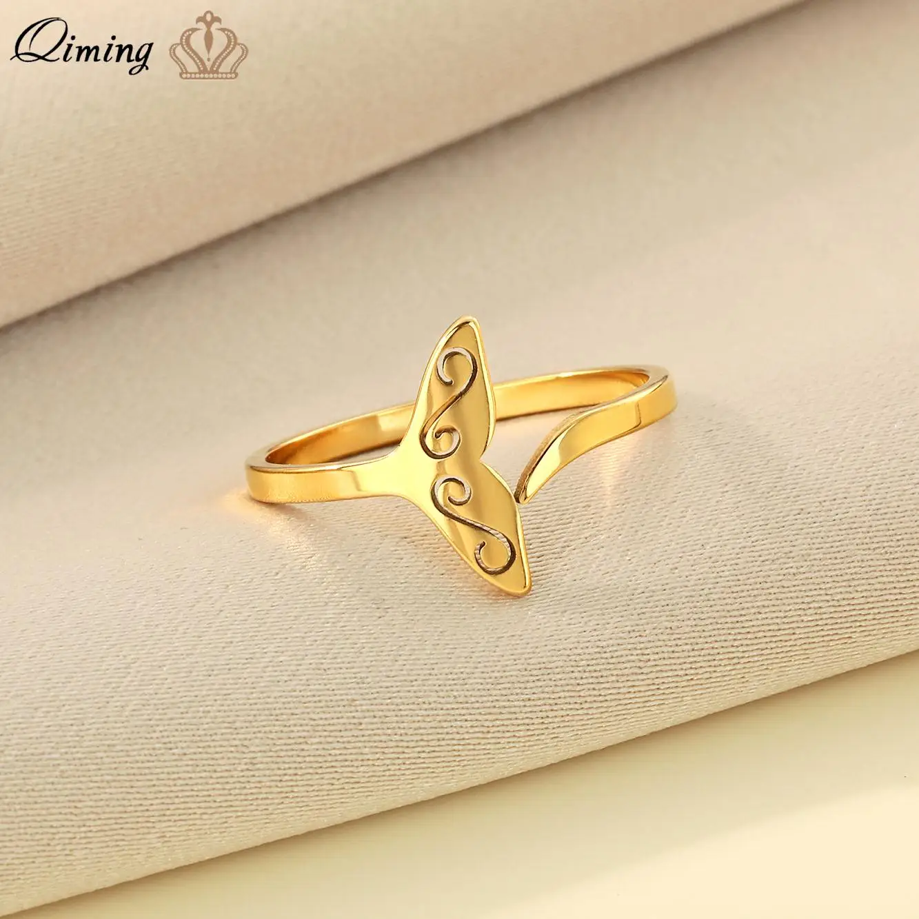 QIMING Stainless Steel Fish Whale Tail Ring Women Mermaid Dainty