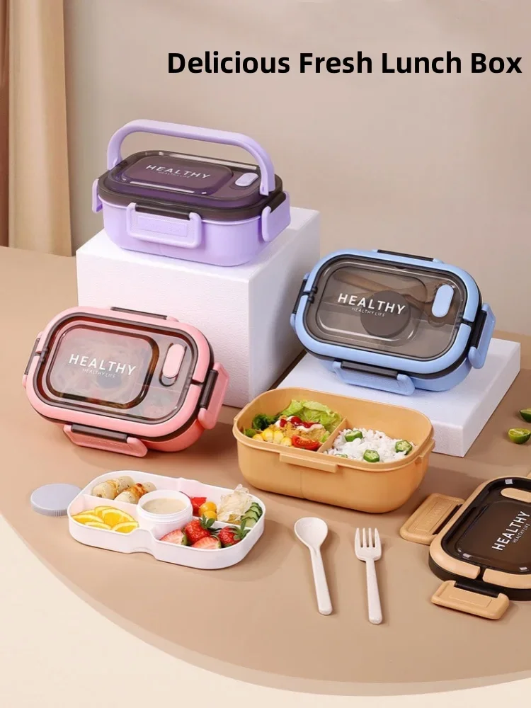 Description Picture 2 of itemPortable Double Layer Lunch Box Compartment Salad Fruit Box with Handles Students Workers Microwave Bento Box with Fork Spoon