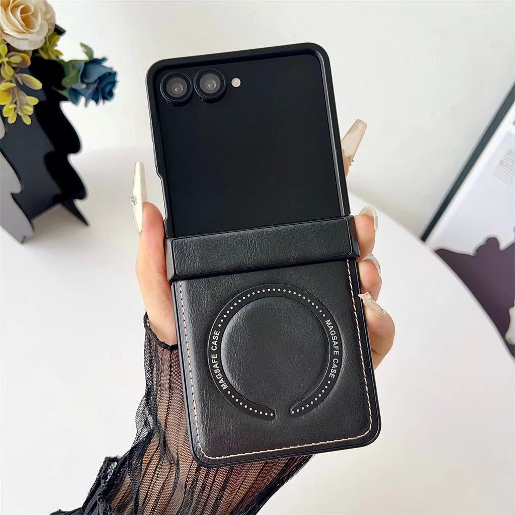 Magnetic PU Leather Phone Case with Shockproof Hinge Protection and Wireless Charging Capability