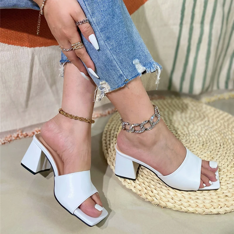 Kcenid Women Slippers Open Toe Square Heels Mules Concise Cozy Summer Outdoor Beach Slides Shoes High Heels Fashion Party Shoes