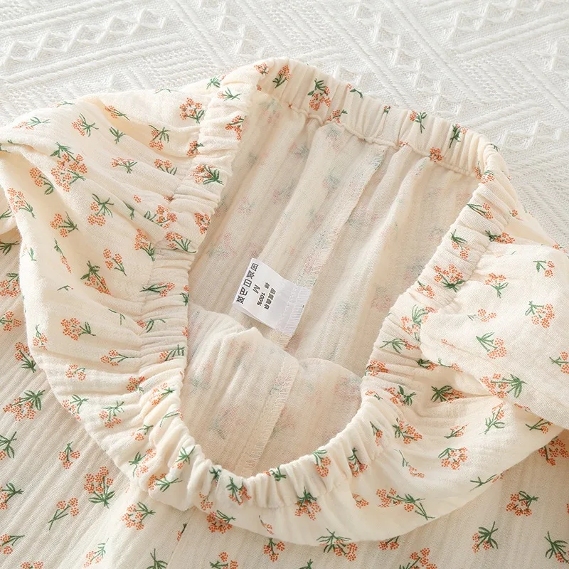 2023 여성 잠옷 순수 코튼 여성 긴팔 바지 라운드 넥 느슨한 Homewear 작은 Fower 인쇄 면화 잠옷 세트