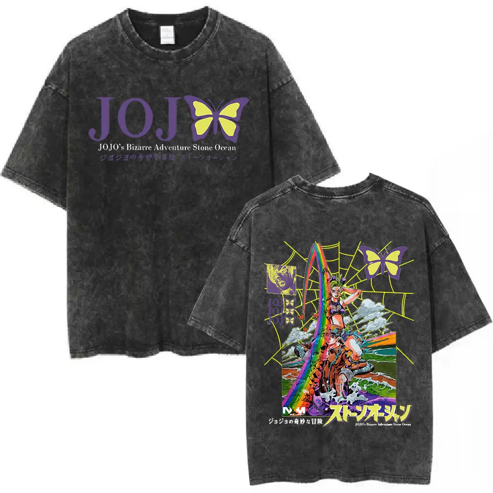 Jolyne Cujoh Stone Ocean Vintage Washed T Shirt Anime Jojo Bizarre Adventure T-shirts Casual Cotton Short Sleeve T Shirts Unisex