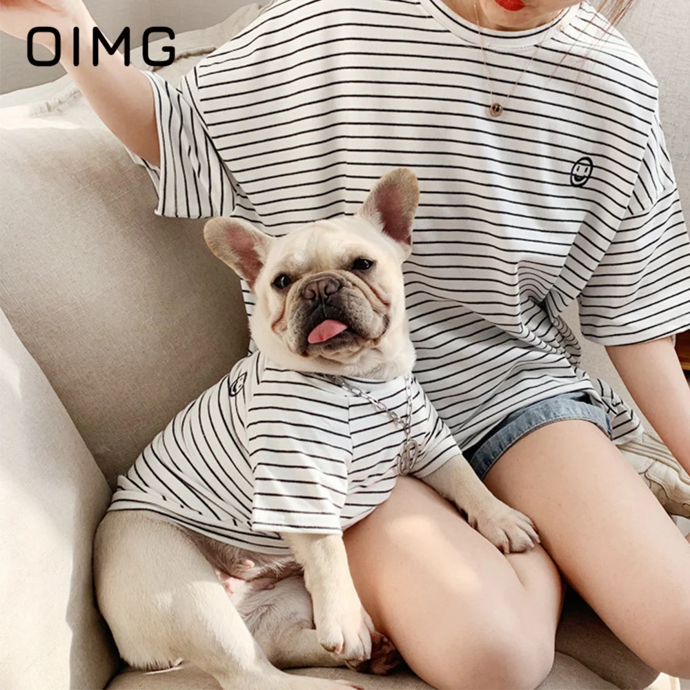 OIMG Summer Dog Sweater Korean Edition Pet Parent-child Fit Teddy Bichon Garfield Striped Cotton T-shirt Small Dogs Short Sleeve