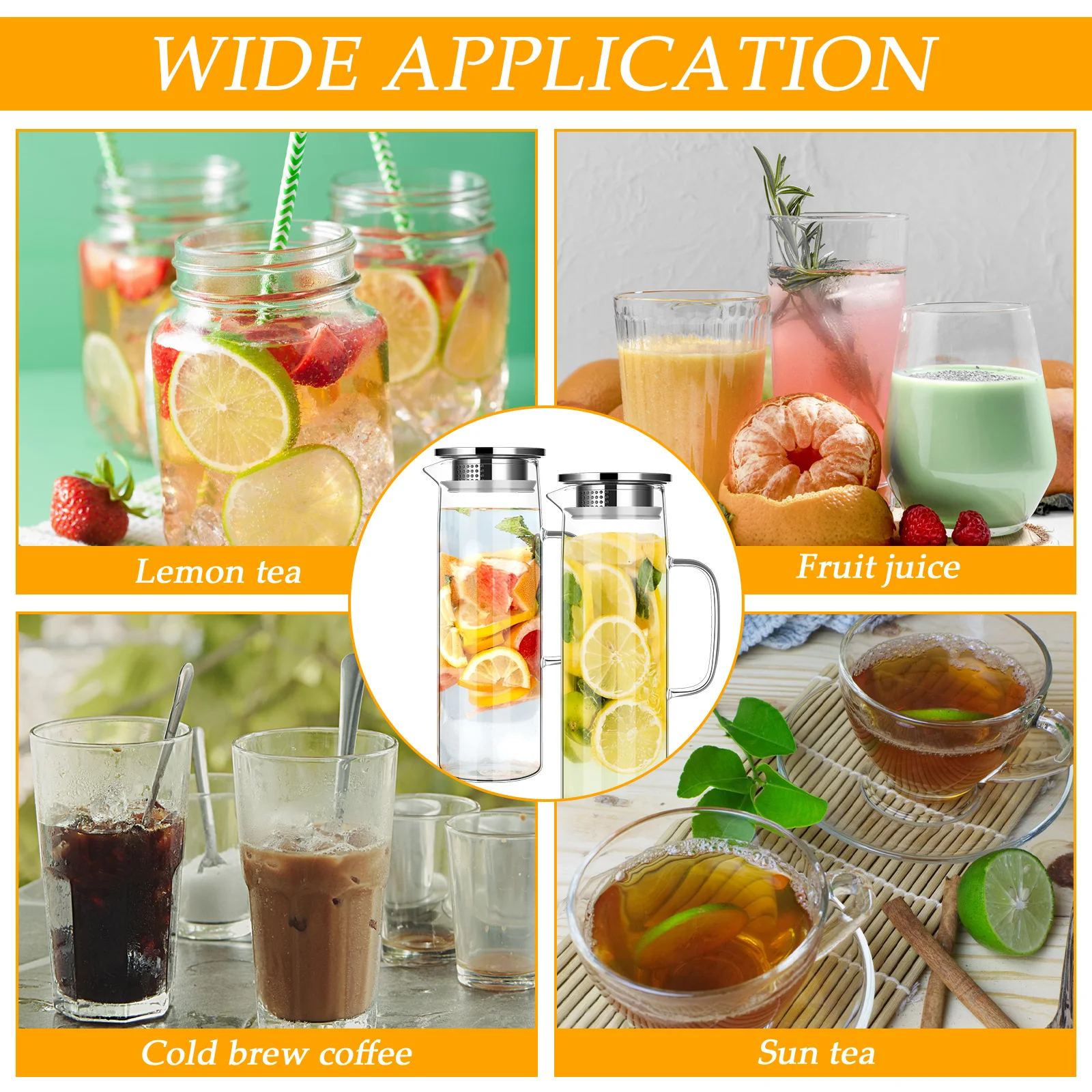 2 Pack Glass Pitcher With Lid, 1.5L Large Capacity Water Pitcher Glass Carafe Water Jugs For Cold Iced Tea, Sangria