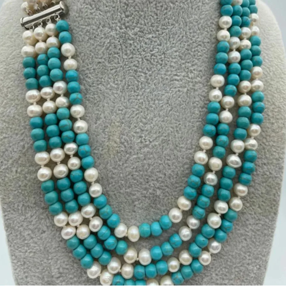 Hand knotted necklace natural 7-8mm 4 strands white freshwater pearl and turquoise necklace 18-21inch