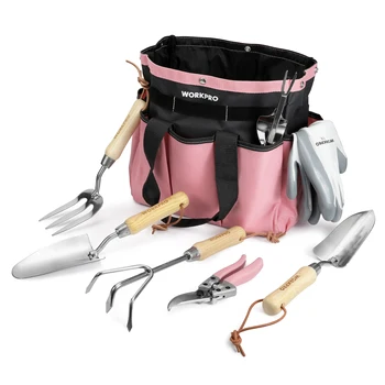 WORKPRO 8-Piece Pink Garden Tool Set with Tote & Gloves 1