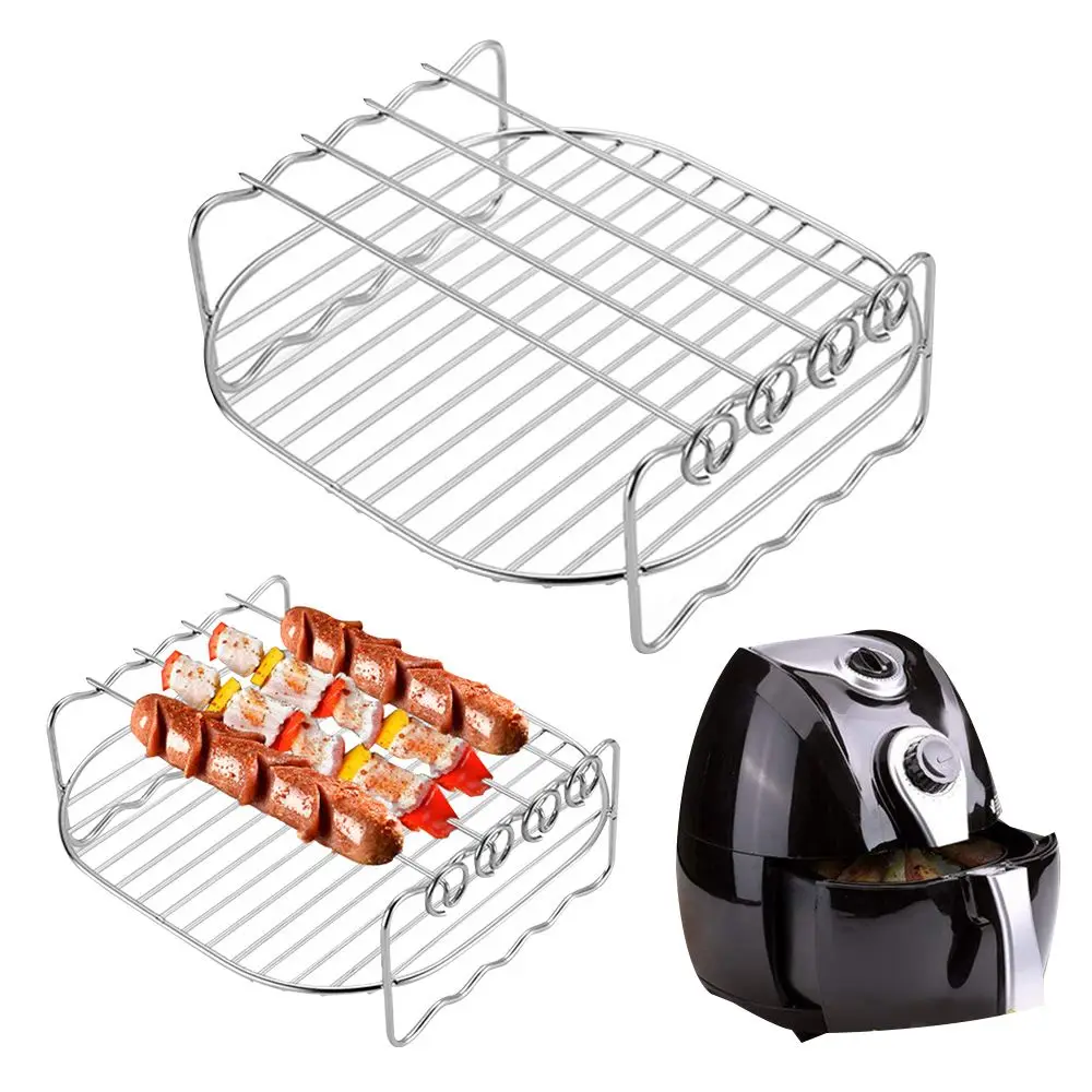 7inch Multi-Purpose Air Fryer Rack, Double Layer Rack with Skewer, Stainless Steel Grilling Holder, Silver