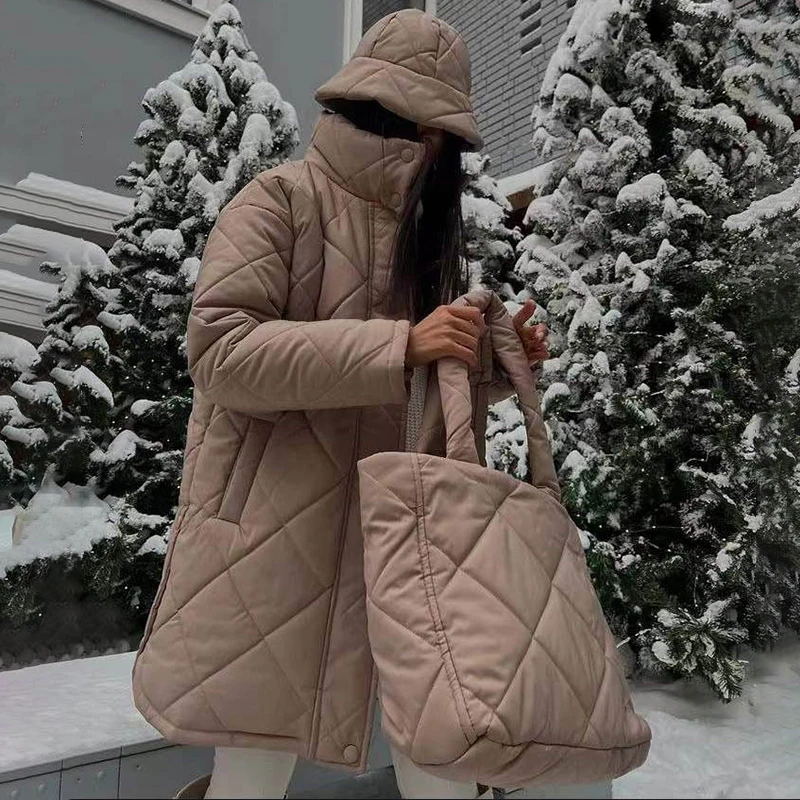 Ardm Casual High Collar With Rhombus Pattern Down Cotton Coat Long Sleeve Top Winter Jacket Women 2022 Parkas Straight Outwear